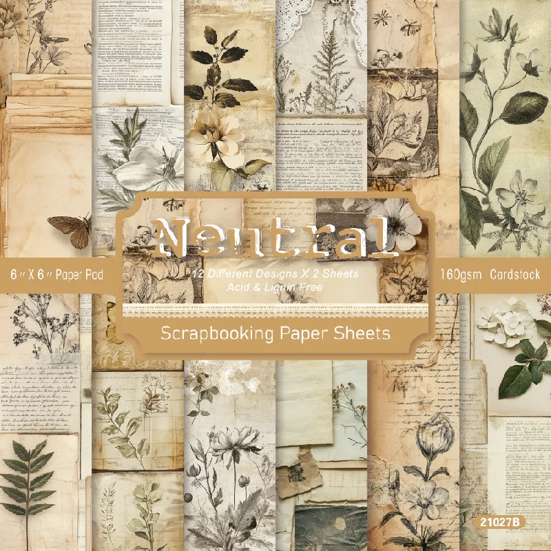 Neutral Vintage Botanical Butterfly Old Script Print 6x6 Scrapbook Paper Pad Cardstock DIY Journal Craft Album Handmade Decor