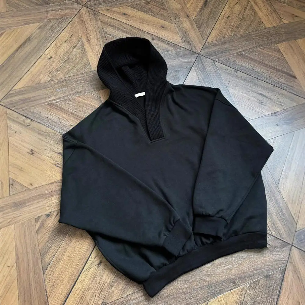 

Мужская осенне-зимняя толстовка с капюшоном из пряжи в стиле пэчворк, свободные длинные рукава с эластичными манжетами и подолом, v-образный вырез, повседневная уличная одежда, топ