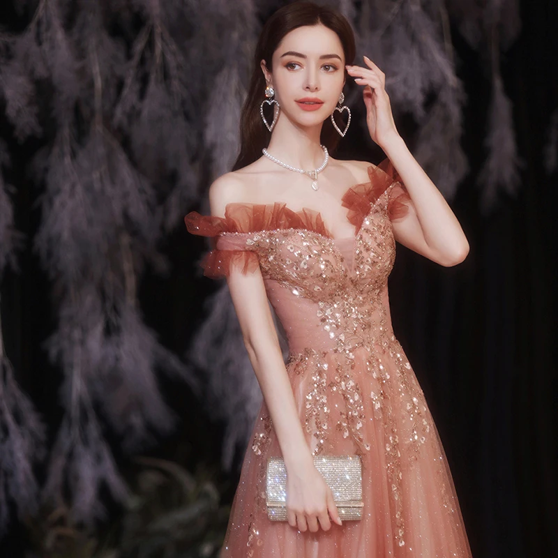 ชุดคลุมท้องเดรสชุดราตรีผู้หญิงปิดไหล่ A-Line ดูไบ Sequins ชุดราตรี Gowns พรหม Dresses Robe De Soiree