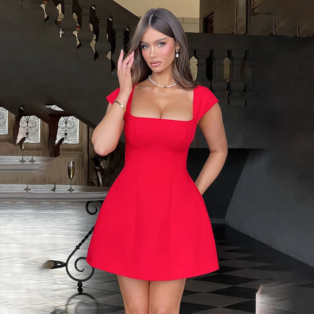 

Sexy Faion High Waist A-Line ort Skirt Dr Women's Svel Square Collar Dr Cross-Border New Sle Polyester Fabric