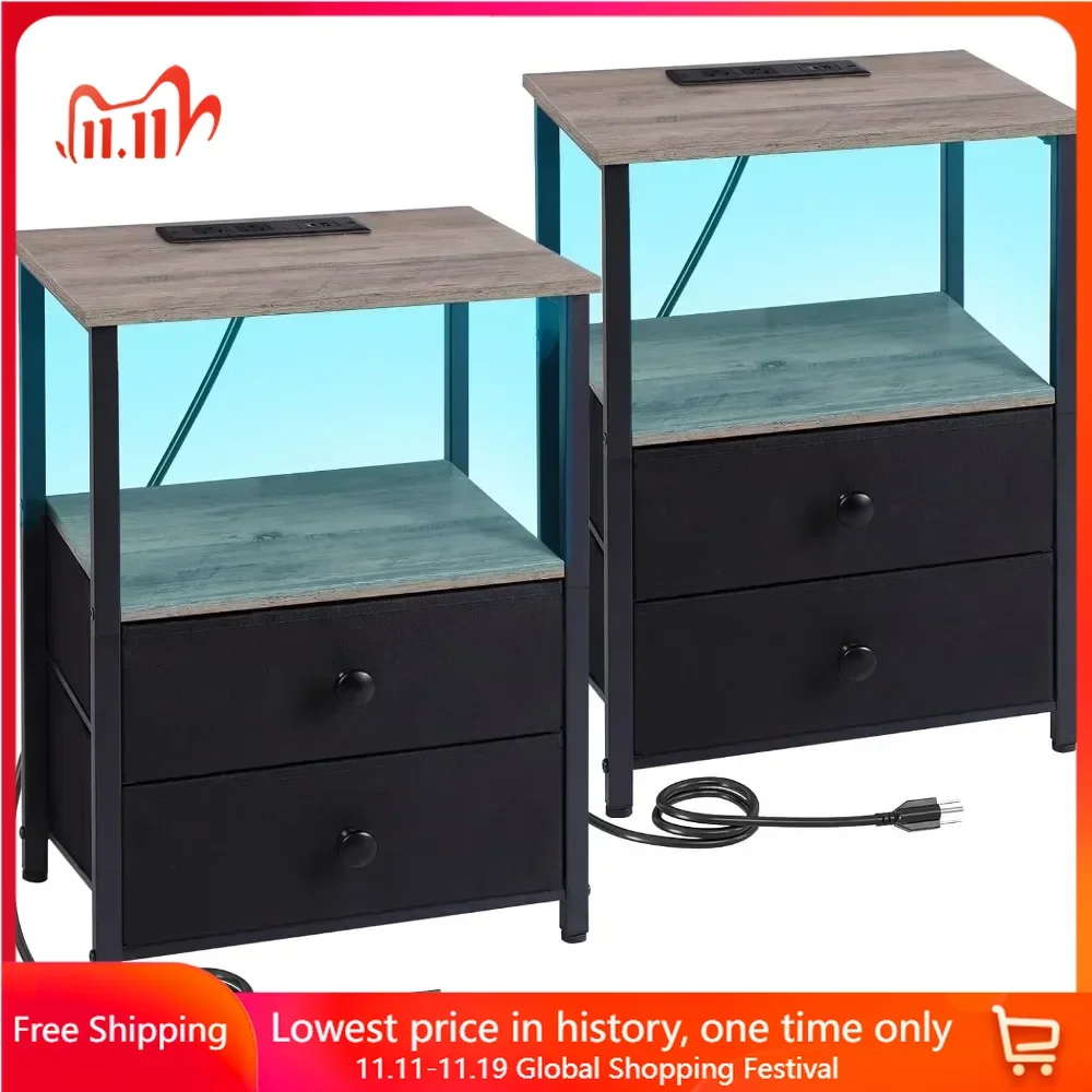 

Nightstands Set of 2, LED Night Stand with Charging Station, Modern End Tables Living Room with 2 Fabric Drawers