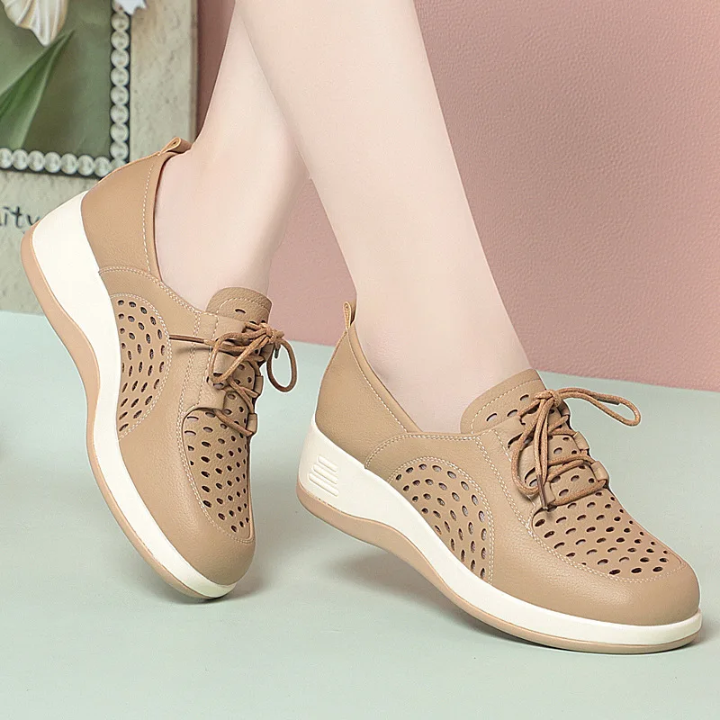 

Дышащие удобные туфли на плоской платформе 4,5 см, туфли с отверстиями, лето 2023, лоферы из мягкой кожи на танкетке для офиса, пляжа, мамы