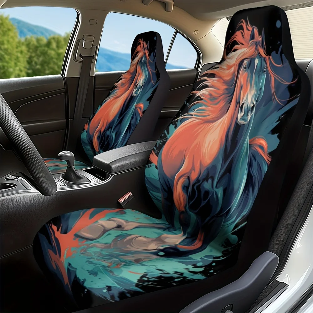 Set Of 2, Abstract Art Of A Majestic Black Horse With A Fiery Mane, Decorative Front Seat Covers, Universal Fit, Washable Fabric