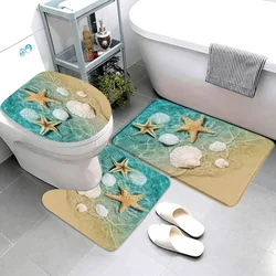 Beach Starfish Bath Mat Blue Wooden Board Nautical Lighthouse Compass Anchor Anti-slip Floor Mat Toilet Cover Bathtub Decor Set