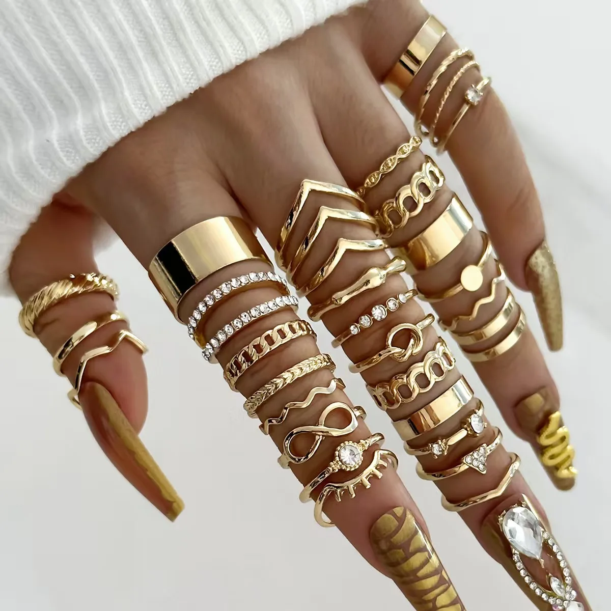 30 Uds. Anillos apilables elegantes, diseño infinito/cadena/nudo con incrustaciones de diamantes de imitación dorados, trajes diarios, accesorios de fiesta