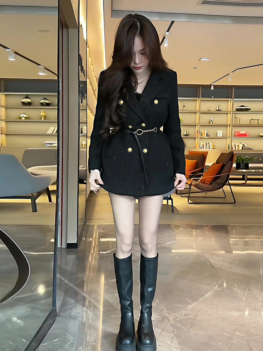 

Корейское утепленное шерстяное пальто-костюм для женщин: новая весенняя модная модель с поясом, длинными рукавами и двубортной застежкой