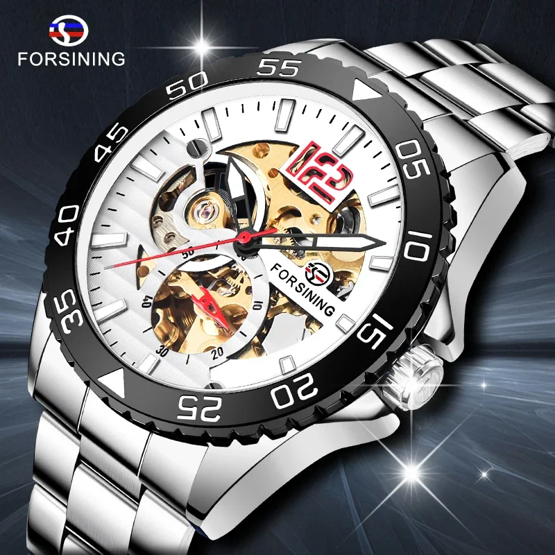 Forsining Mechanical Mens Watch Top Brand Luxury Automatic Man Watch Stainless Steel Skeleton White Dial Waterproof Casual Clock