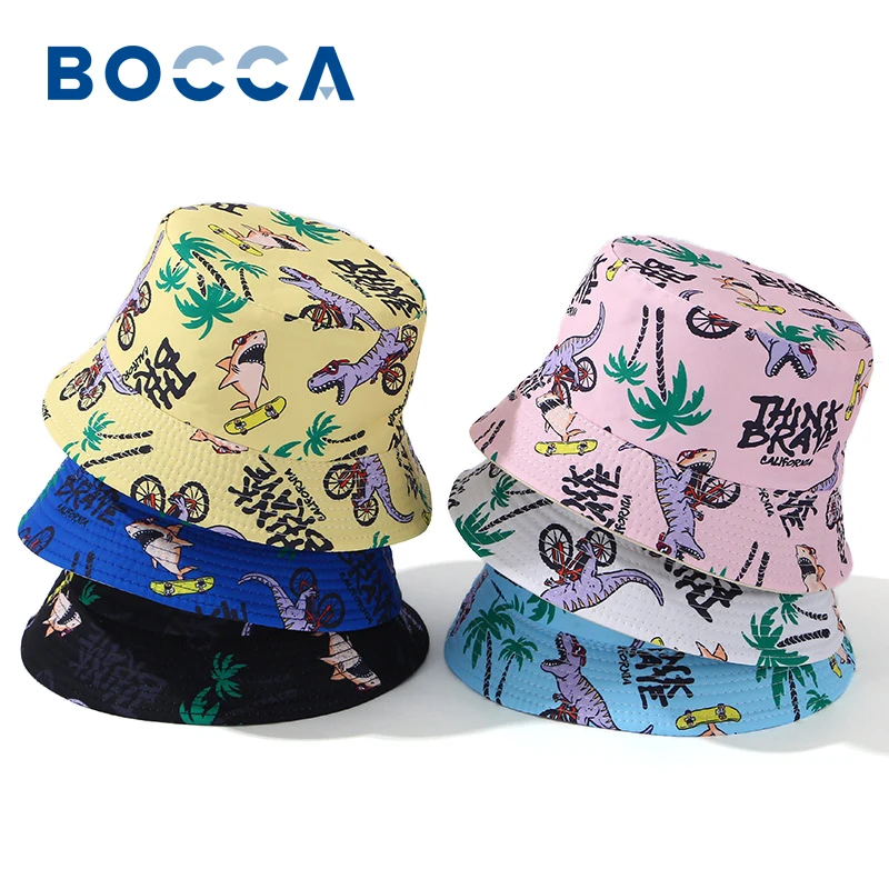 Bocca Cartoon Children Bucket Hat Boys Girls Kids Fisherman Hats Dinosaur Shark Pattern Panama Cap Double Sides Summer Outdoor