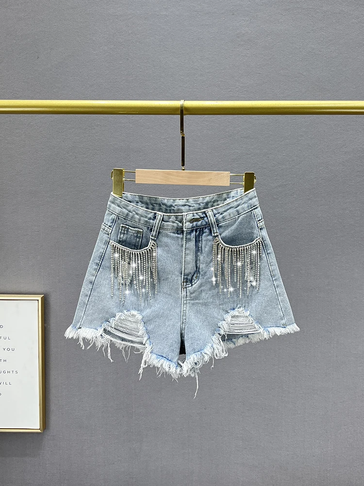 

High Waist Tassel Embellied Diamond Denim orts Women's Faion Summer 2023 Slimming A-Line Hot Pants Vintage Sle