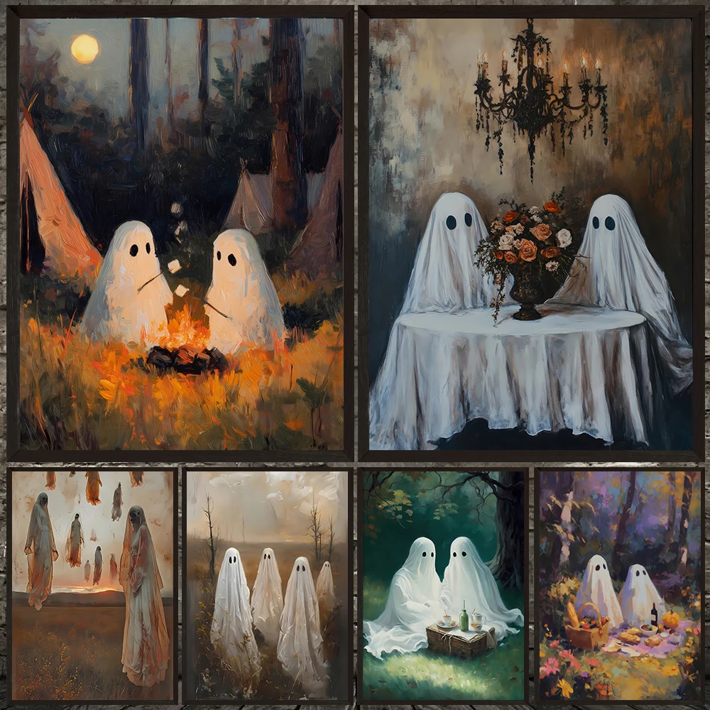 

Floating Ghosts And Camping Ghosts Vintage Wall Art Canvas Painting,Spooky Fall Decor,Ghost Couple Gothic Art Poster Print Decor
