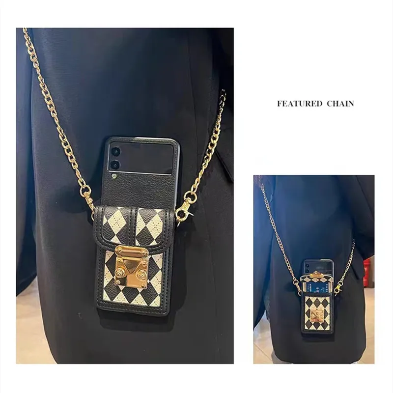 Stylish Rhomb Wallet Card Phone Case for Samsung Galaxy ZFlip6 Z Flip 5 Z Flip 4 3 5G Z Flip Crossbody Necklace Lanyard Cover