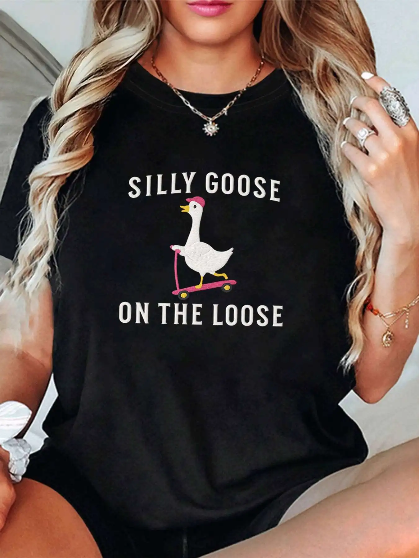 

【1142862】Plus size women's round neck short sleeve T-shirt with elastic half sleeves and trendy prints