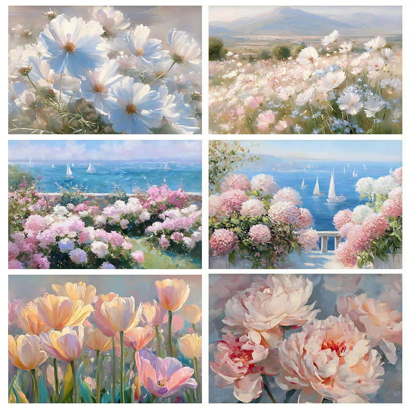 Vintage Coastal Cities Blooming Hydrangeas Poster Canvas Painting Scenery Trendy Wall Art Pictures for Living Room Home Decor