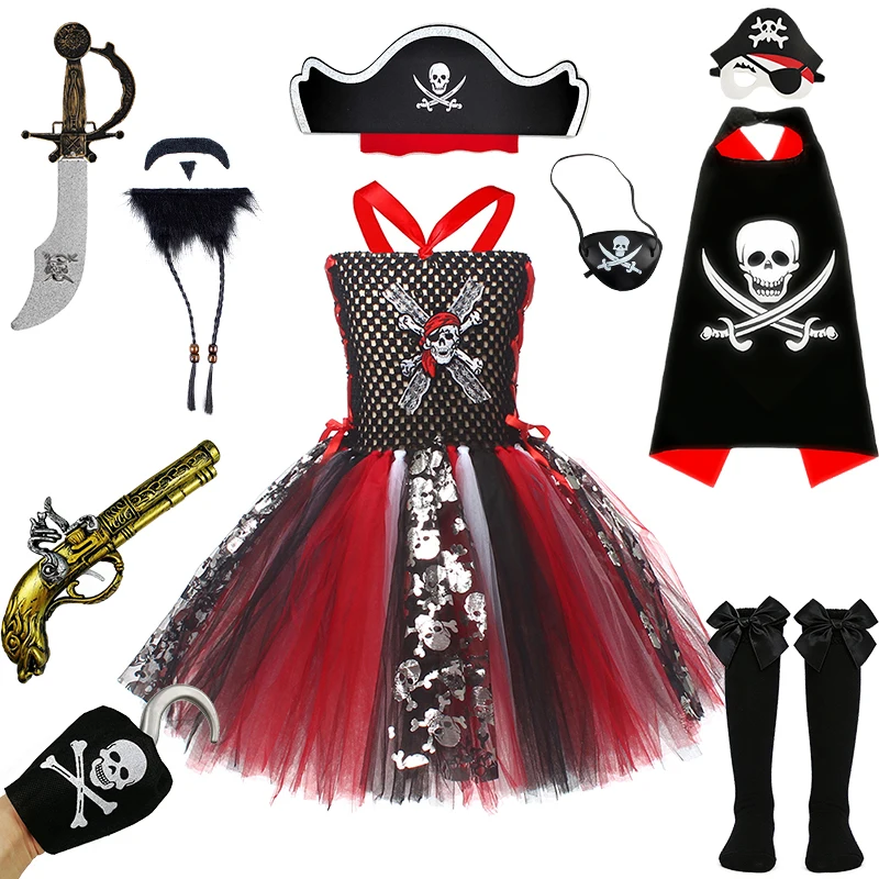 Fantasia Girl Skull Pirate Captain Fluffy Tutu Dress Halloween Cosplay Masquerade Children's Costume Carnival Party Kids Clothes