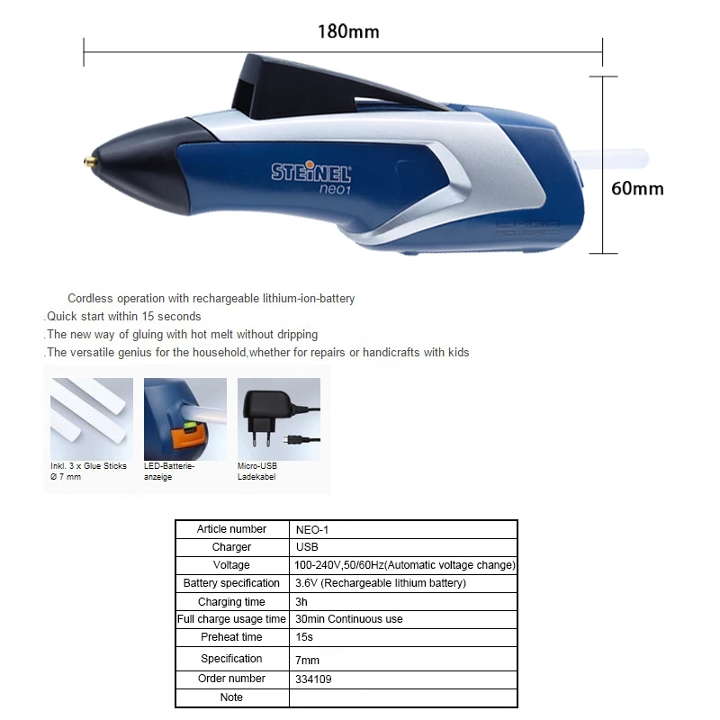 German STEINEL Rechargeable Cordless Hot Melt Glue Gun with 3 Glue Sticks Mini Portable Repair Tools Set Glue Grab DIY NEO1