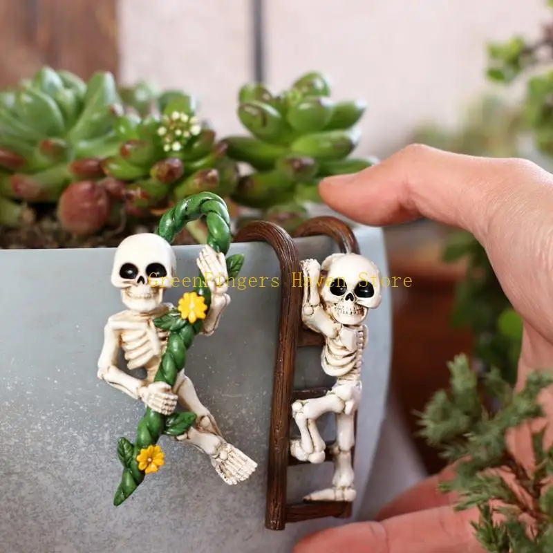 F68D 2 Piece Funny Skeletons Climbing Ladder Decors Resins Craft Miniature Ornaments For Indoor And Outdoor Decorative Use
