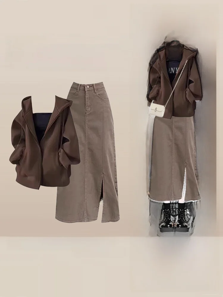 

Комплект юбки Oversize Jaet And f, женская толстовка с капюшоном, коричневый костюм из двух предметов, корейская осенняя коллекция Sle Lazy Faion