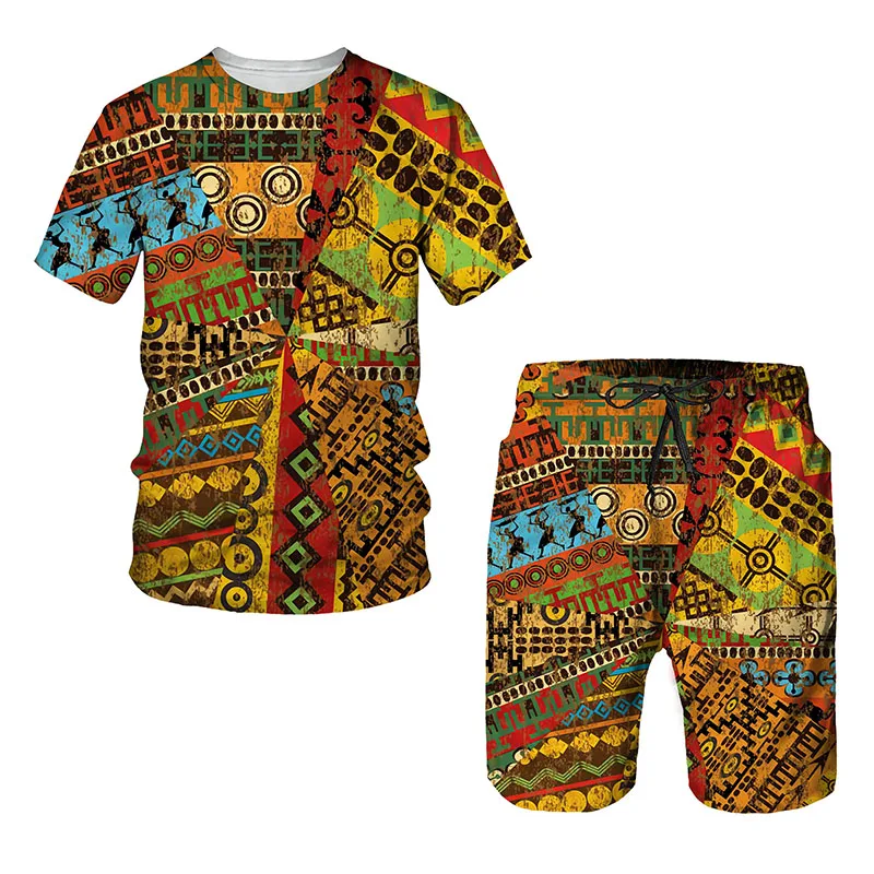 Conjunto de camiseta e shorts africanos estampados em 3D para homens, camiseta extragrande, calça manga curta, roupas masculinas, roupas da moda,