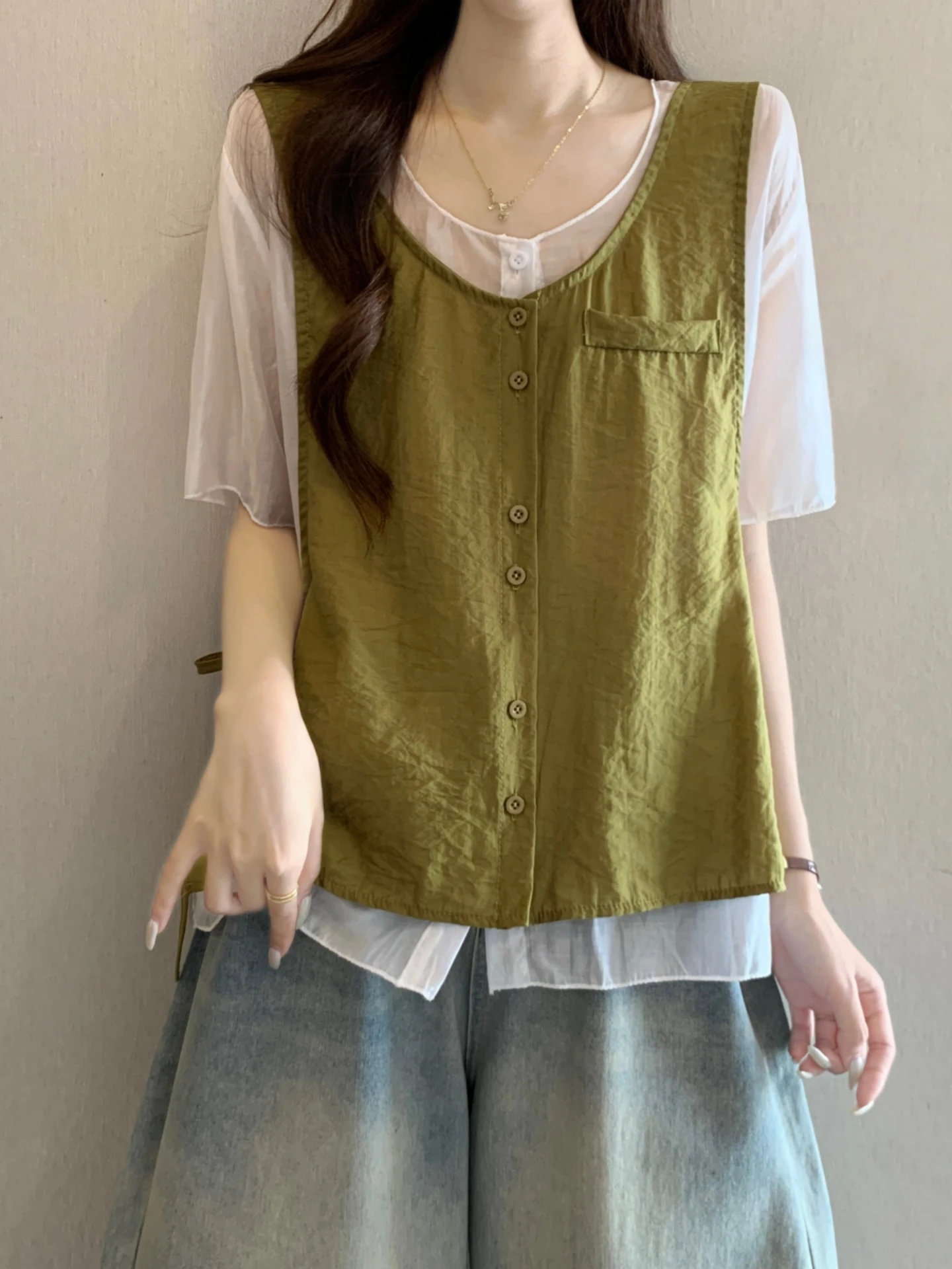 

Slimming Design Summer Short Sleeve Shirt Women's Fashion Korean Style Splice Mock Two-Piece Large Size plus Size Chiffon Top