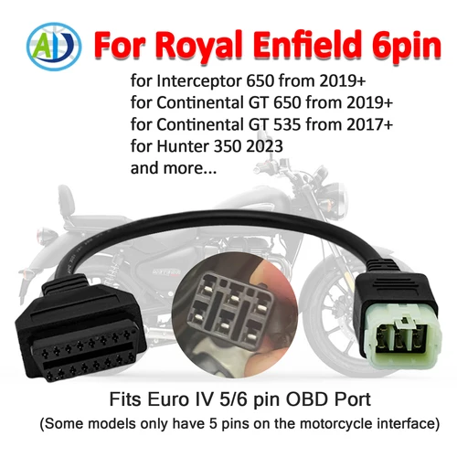 Cable adaptador de diagnóstico OBD2 para motocicleta For Royal Enfield, convertidor OBDII de 6 pines para Interceptor 650cc/Continental GT 650cc/535cc