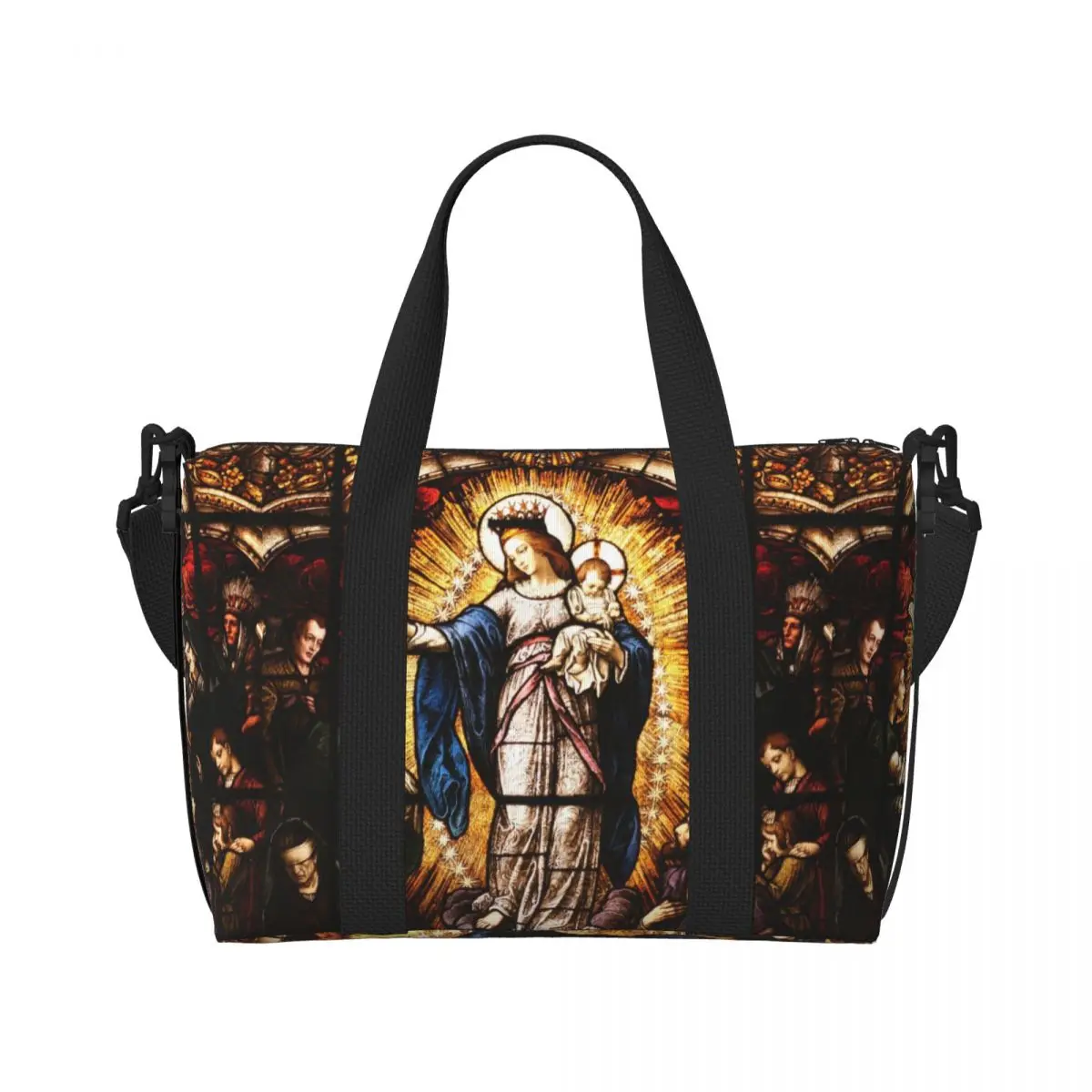 Custom The Virgin Mary Tote Bag Women Big Capacity Catholic Our Lady of Guadalupe Beach Gym Travel Bags