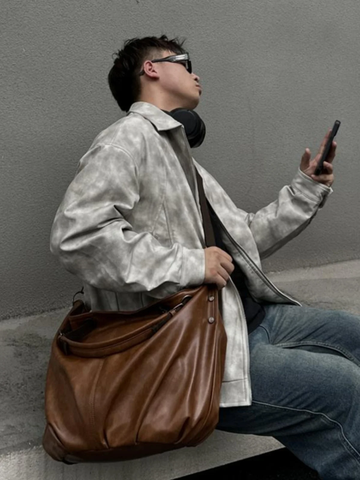 Large Capacity Casual American Street Style Vintage Single Shoulder Tote Bag Unisex PU Leather Shopping Bag Trendy Leisure