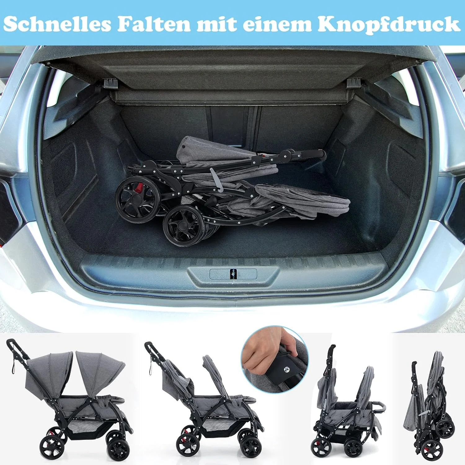 Klappbarer Doppelkinderwagen, Doppelkinderwagen mit verstellbarer Rückenlehne und Kapuze, Reisebuggy mit Liegefunktion – Detail 7