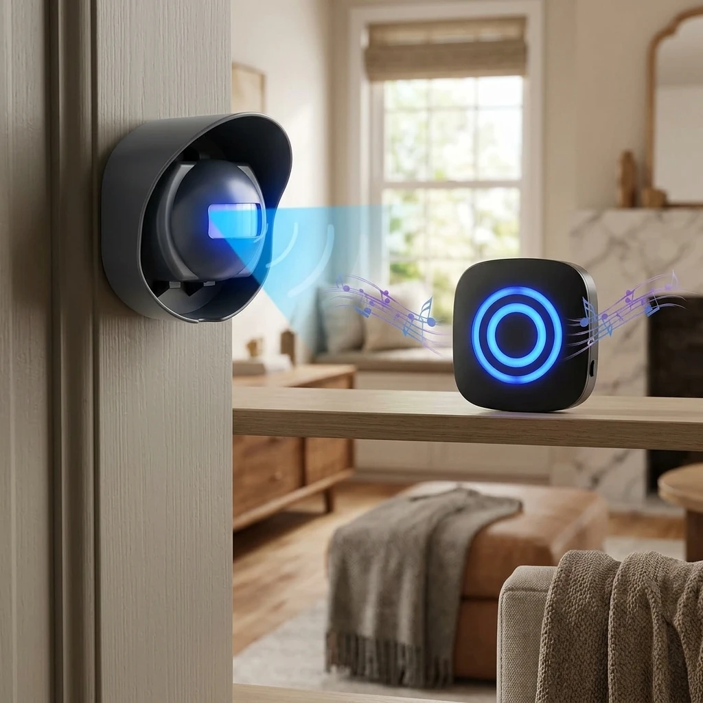 Wireless Chime Doorbell Entrance Sensor with 3-Level Volume Adjustment 38 Melody Options Human Detection Infrared Technology
