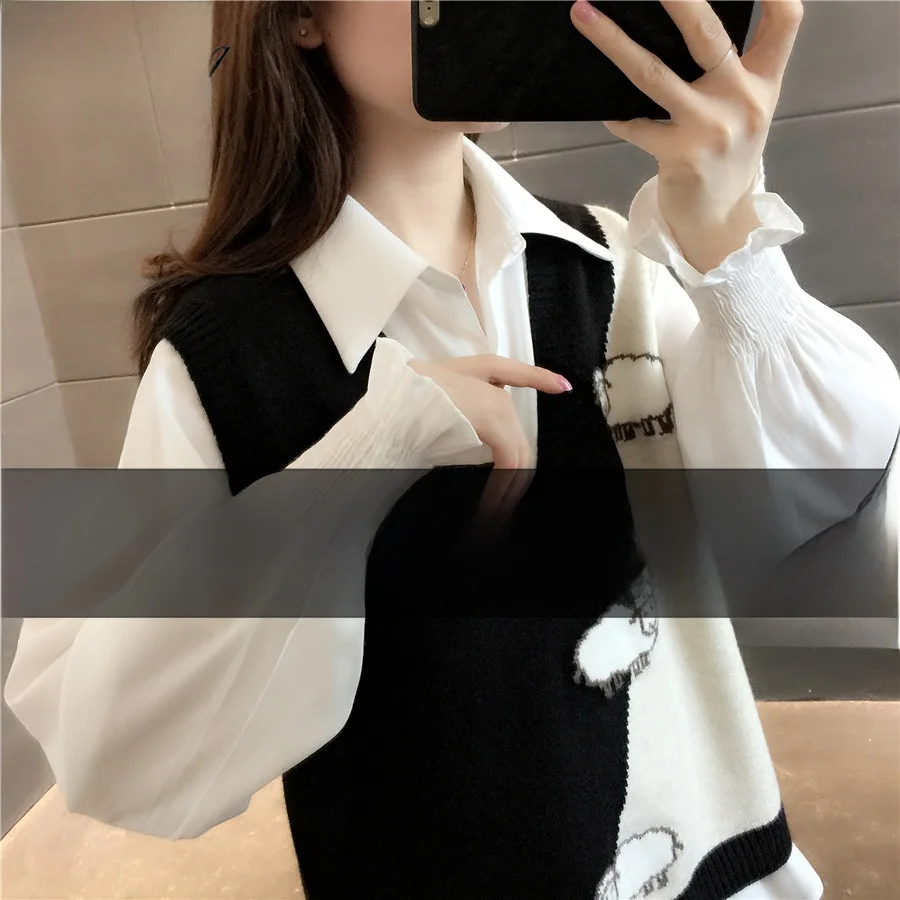 

Loose Knitted Vest Women's Innerwear Korean Sle V-Ne Svel Top Layering Spring Autumn Faion Casual Cartoon Pattern