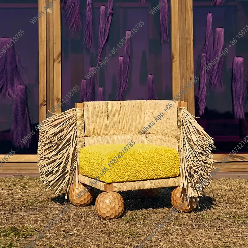 

Современное креативное плетеное кресло для гостиной из массива дерева с ярко-желтой обивкой, дизайнерская модель для демонстрационной комнаты