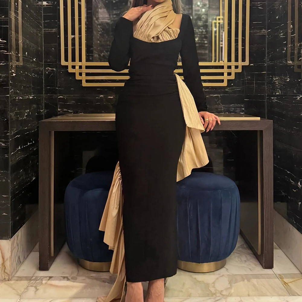 

Fashion Contrast Color Pleat Halter Ankle Length Straight Evening Dress Jersey Long Sleeves Back Slit Irregular فساتين سهرة