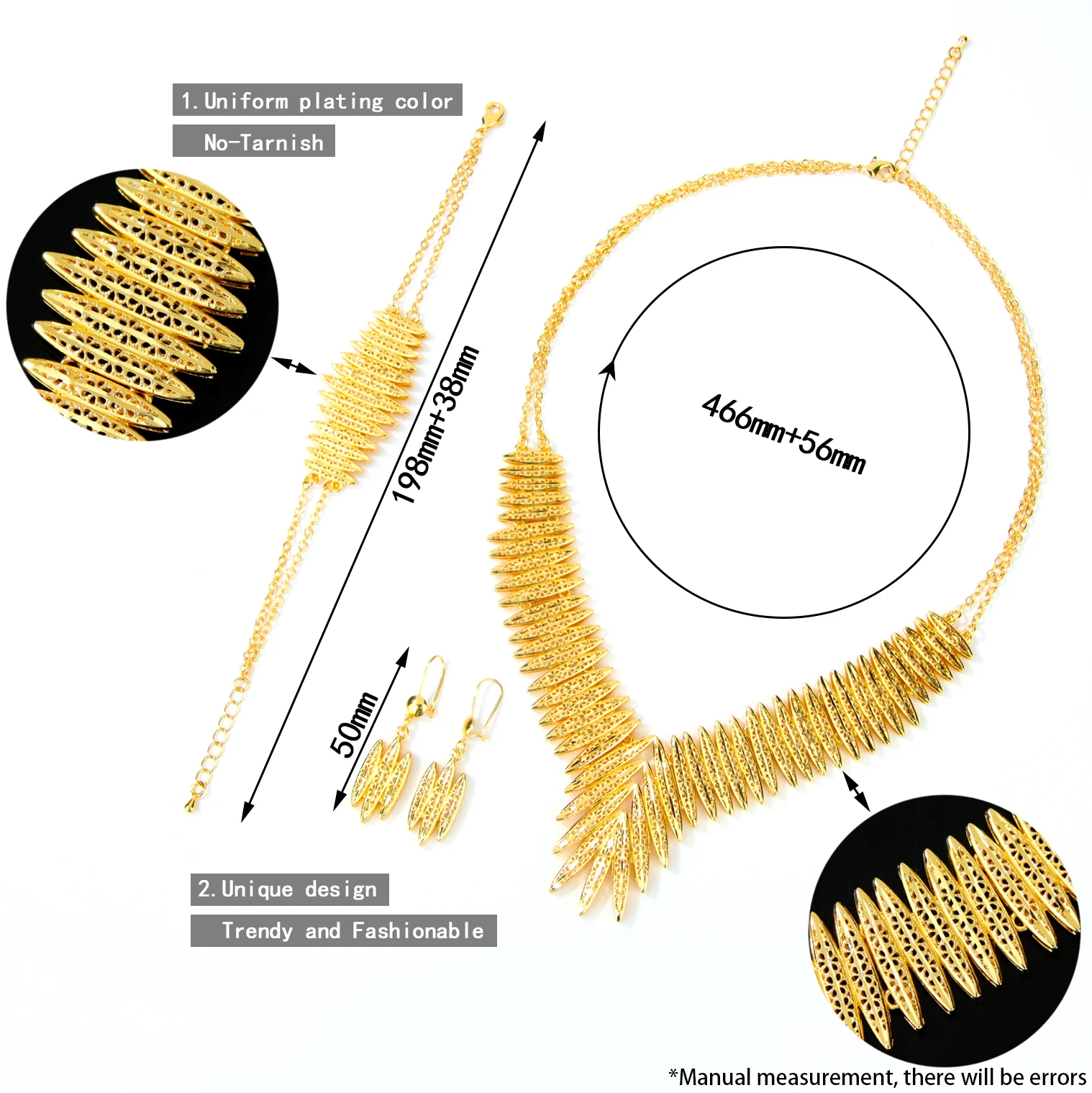 Luxus Dubai Hochzeit Schmuck Set 24k Gold Überzogene Arabisch Braut Gold Halskette Armband Ohrringe Habesha Frauen Party Schmuck – Detail 2