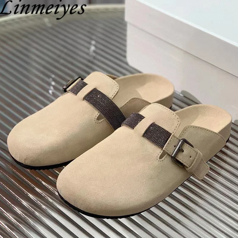 Hot Sales Flat Slippers Woman Beading Decoration Summer Shoes Cow Suede Mules Round Toe Slides Woman Modern Slippers Women