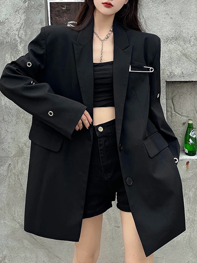 SONNEESD Streetwear Harajuku Style Fashion Neutral Coat Vintage Personality Pin Design Loose Black Stereo Cutting Suit Coat