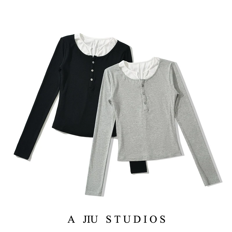 

American ey Layered Hoodie T-irt Women's ort Sve Long Sve Street Sle Base Layer irt Slimming V-Ne Top