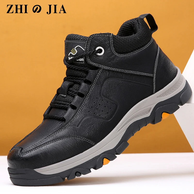 2025 Men Boots Leather Water Proof Shoes Male Winter Boot Black Platform Sneakers Men\'s Safety Shoe Fur Keeps Warm Snow Boots