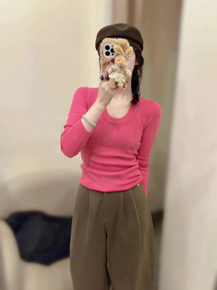 

Мягкий шерстяной вязаный топ с U-образным вырезом, облегающий, розового цвета, в корейском стиле, для повседневной носки, женский.