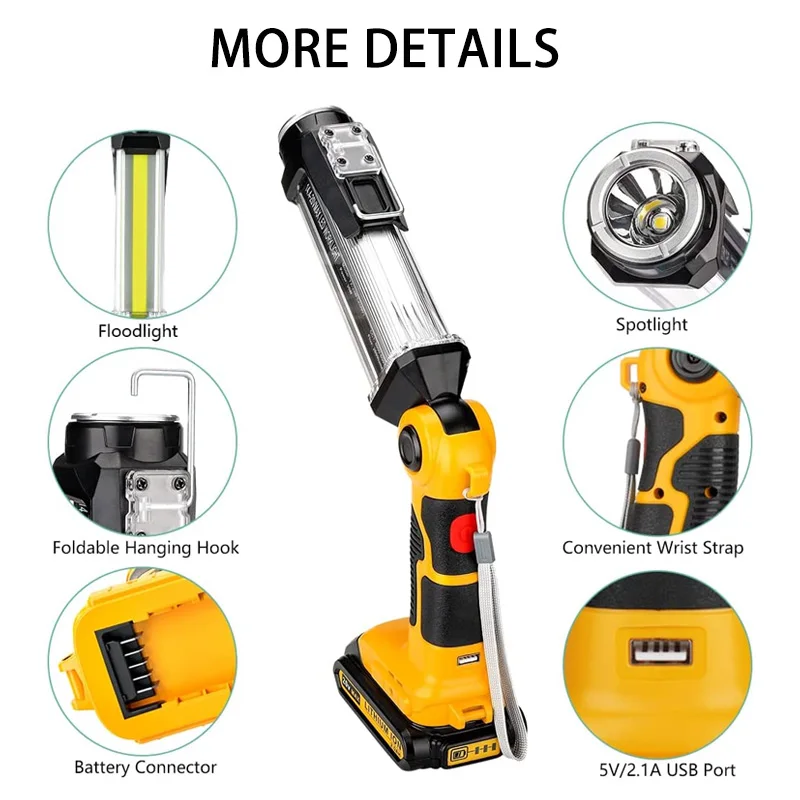 2000LM Cordless LED Work Light Flashlight for Dewalt 18V 20V Li-ion Battery Portable Lanterns Spotlight for DEWALT DCB203 DCB205