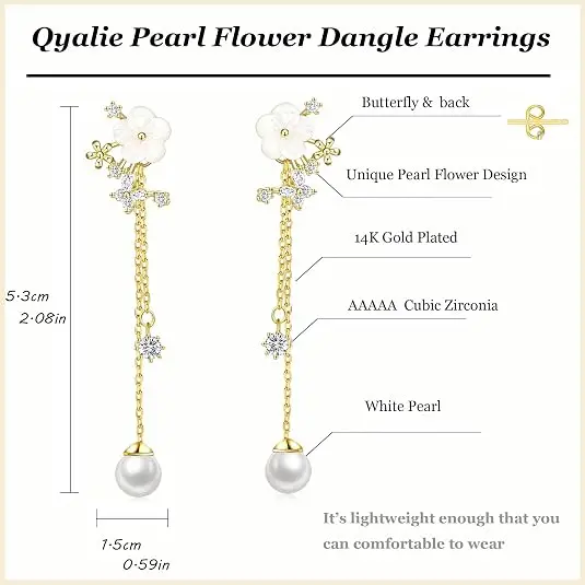 Dangle Pearl Drop Gold Earrings for Women, Flower Wedding Bridal Jewelry, Long Threader Chain, Dainty CZ Gift