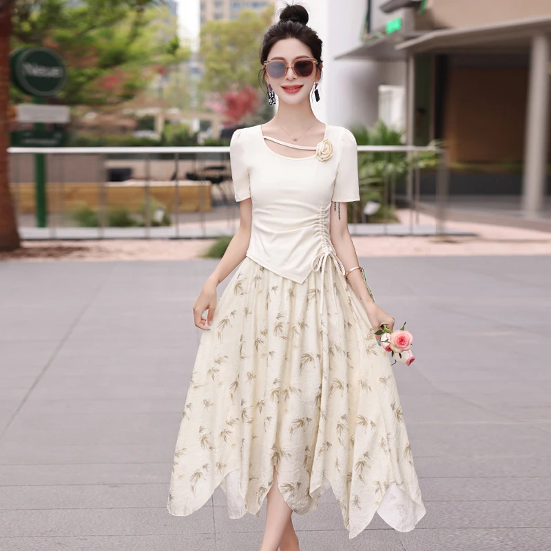 Sweet 3D Flower Print Top with Drawstring Half Skirt Two-Piece Set Summer 2024 Fashion Women's Cotton round Neck Short Sleeve