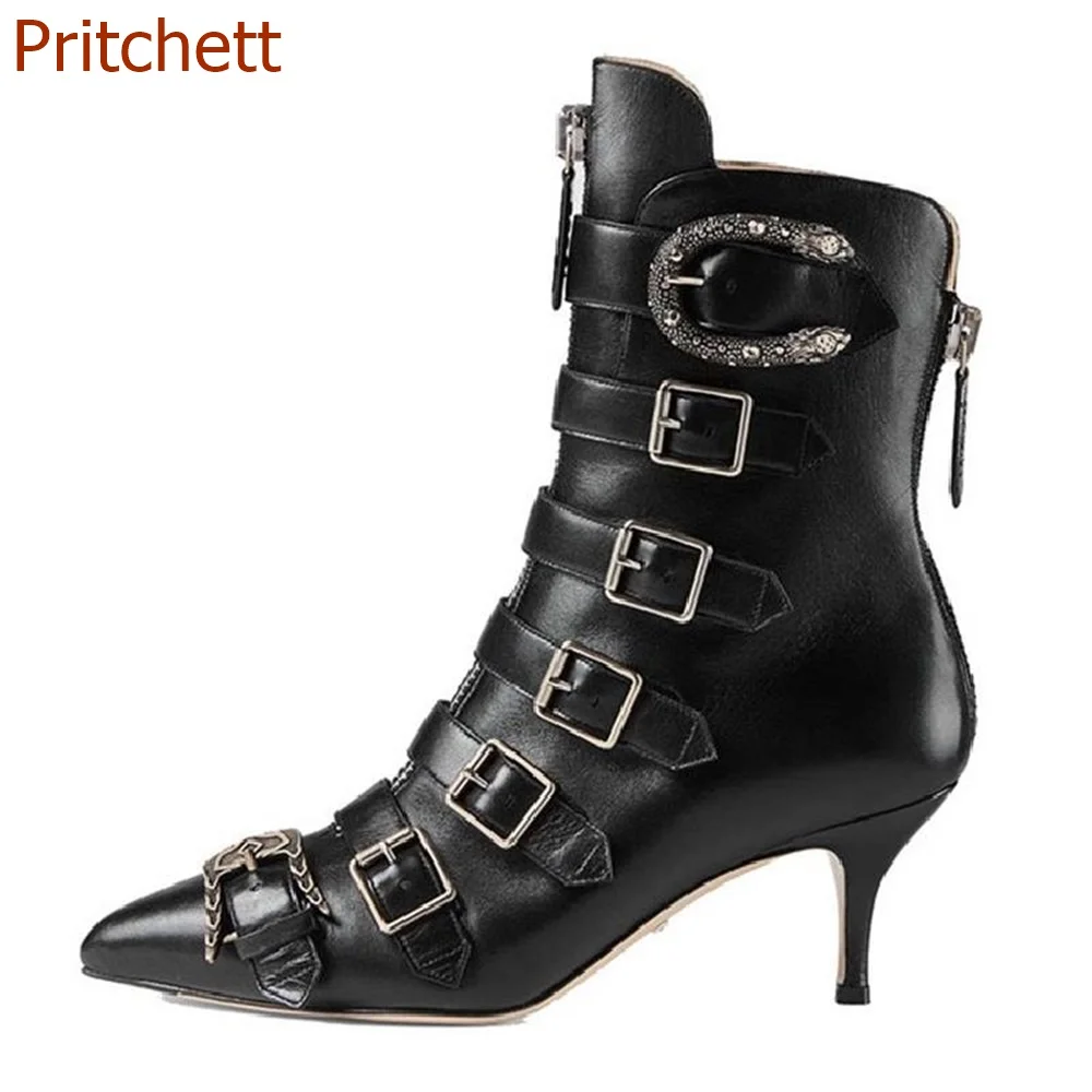 Pointed Toe Belt Buckle Women Boots Mid Calf Side Zipper Mixed Color Fashion Casual Thick Heel  Women Shoes 2023 New Arrivals