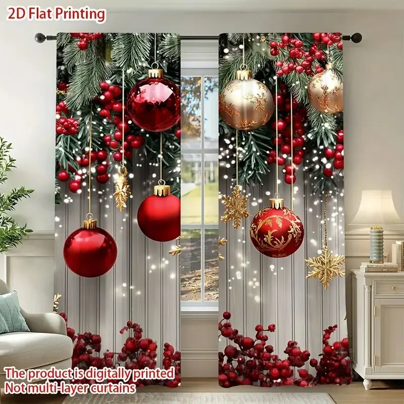 2pcs - Christmas pine branches, Christmas balloons print curtains, pole bag curtains, home decoration, room decoration