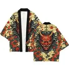 Vintage Oni Hannya Mask Dragon Cloud Print Haori Kimono Cardigan Unisex Loose Yukata Japanese Ukiyo-e Streetwear
