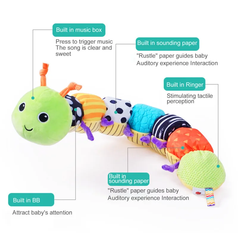 Infant Caterpillar Plush Toy Musical Durable Animals Soothing Doll 56cm Measuring Scale Colorful Pattern Plaything For Newborns