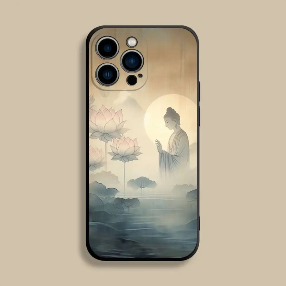 Чехол для телефона с рисунком Будды для iPhone 17,16,15,14,13,12,Pro,Max,Plus,E,SE4,Air,Mini Black, мягкий чехол