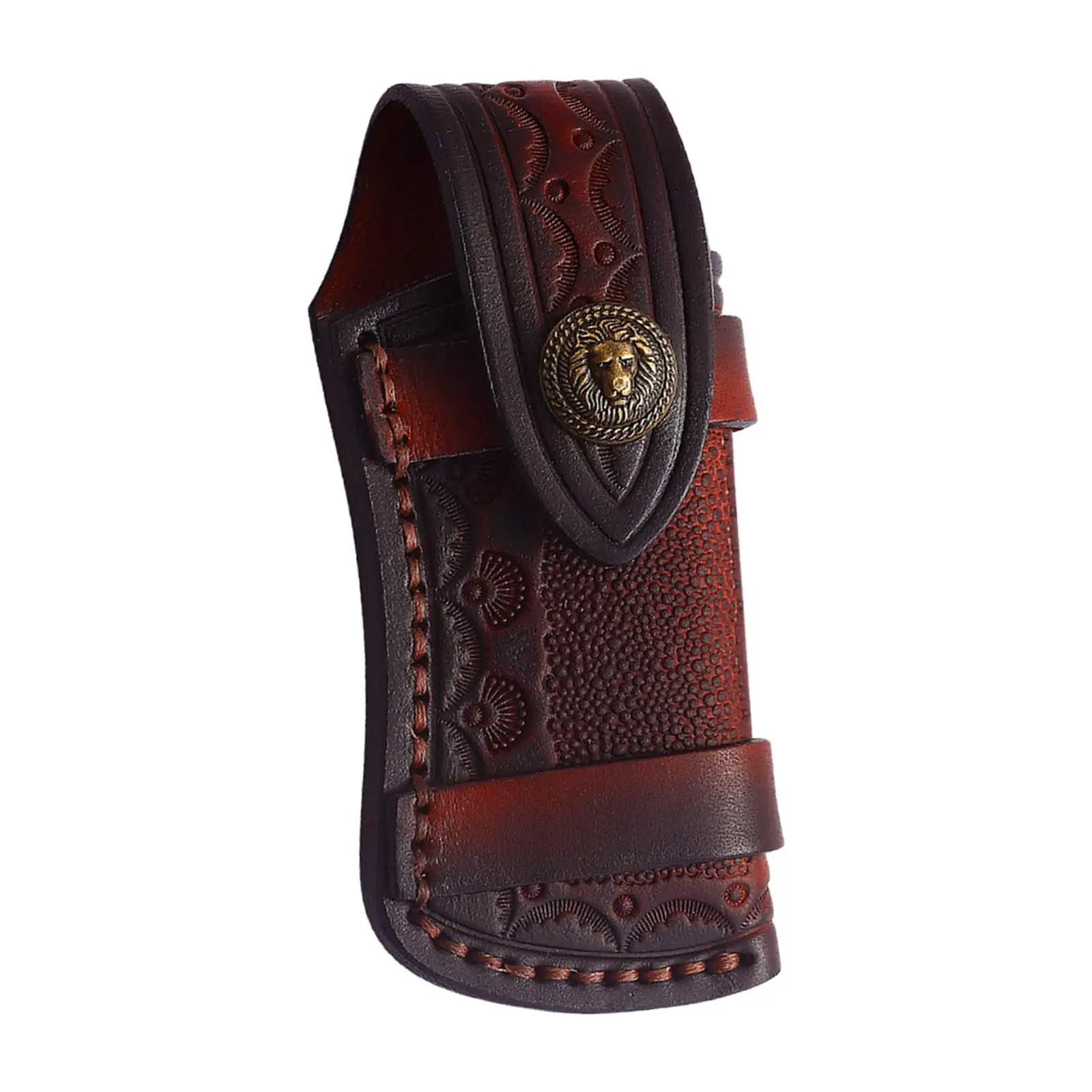 Folding Knife Cover Sheath PU Leather Brown Holder Case Carry Pouch for Belt Waist Horizontal Vertical Durable Brass Snap