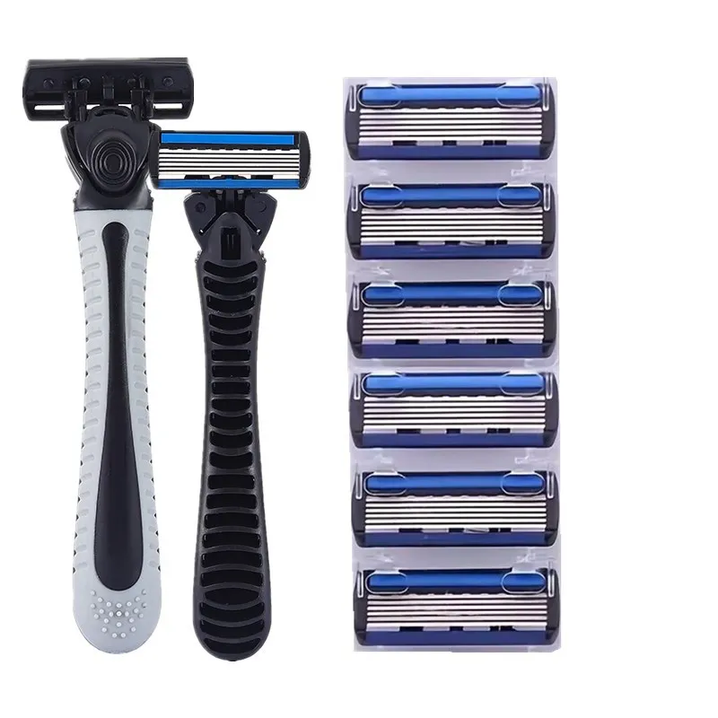 (1 Shaver Holder+6 Replacement Heads) Manual Safety Shaver Razor For Men Classical 6-Layers Blade Shaving Tool Body Hair Removal