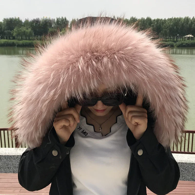 Natural Raccoon Fur Collar Women Winter Warm Real Fur Scarf Fur Hood Trims for Coat Parkas Large Size Genuine Furry Fur Shawls