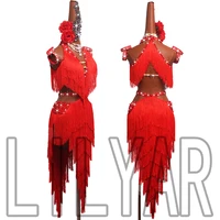 Nuevo vestido de competición de baile latino para mujer y adulto, falda con flecos rojos personalizada, bordado, moda, diamante brillante