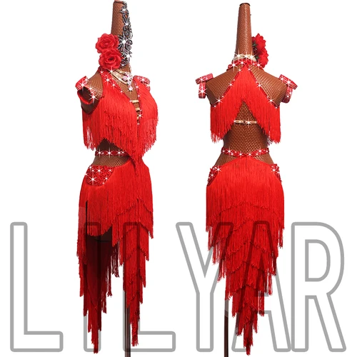 Imagen 1 del producto Nuevo vestido de competición de baile latino para mujer y adulto, falda con flecos rojos personalizada, bordado, moda, diamante brillante